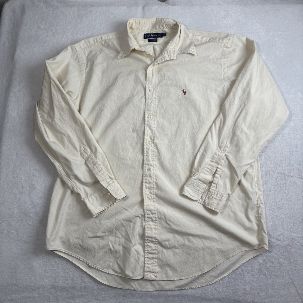 Ralph Lauren Yarmouth Beige Long Sleeve Button Up Collared Dress Shirt Mens 17.5